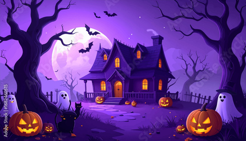 Haunted mansion with glowing pumpkins. Ghosts flying near scary haunted house. Eerie Halloween night with black cats. Haunted house under purple moonlight. Scary pumpkins and haunted forest