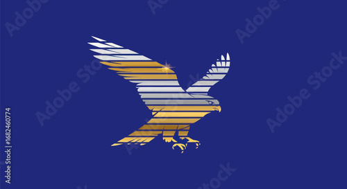 Majestic eagle silhouette with striped pattern wings soaring against a blue sky.