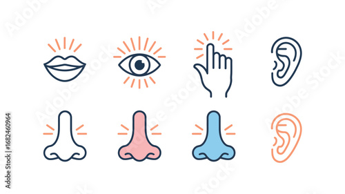 Human Senses Icons: Mouth, Eye, Hand, Ear, and Nose Representing Taste, Sight, Touch, Hearing, and Smell for Sensory Perception and Awareness