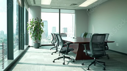 Modern conference room with city view
