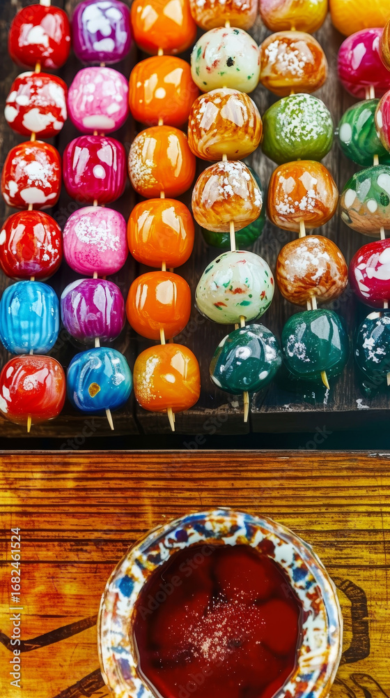 Fototapeta premium Rows of vibrant, colorful candies on sticks, displayed neatly. A bowl with dipping sauce enhances this sweet street food.