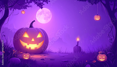 Jack o lantern glowing in forest. Halloween pumpkin under purple sky. Creepy pumpkin face in the dark. Full moon Halloween scary scene. Haunted graveyard and glowing pumpkin