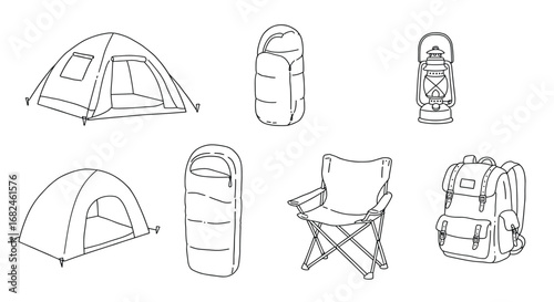 Camping Gear Collection - Tent, Sleeping Bag, Lantern, Backpack