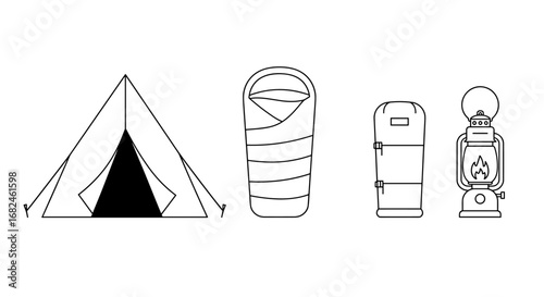 Camping Gear Collection - Tent, Sleeping Bag, Lantern, Backpack