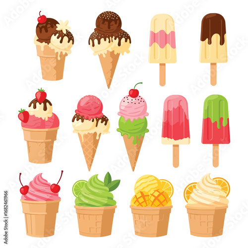 Colorful Cartoon Ice Cream Collection Cones and Popsicles