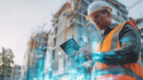Wallpaper Mural A construction worker uses a tablet, surrounded by a building site, showcasing modern technology in the industry. Torontodigital.ca