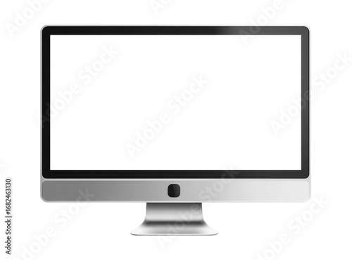 Silver computer monitor with blank white screen.  A flat, rectangular display with a silver frame and base.  The screen is completely white