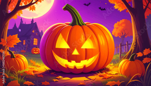 Spooky Halloween night with pumpkins. Haunted castle and glowing pumpkins. Halloween pumpkin with moon background. Haunted house and pumpkins at dusk. Halloween scene with pumpkins and bats