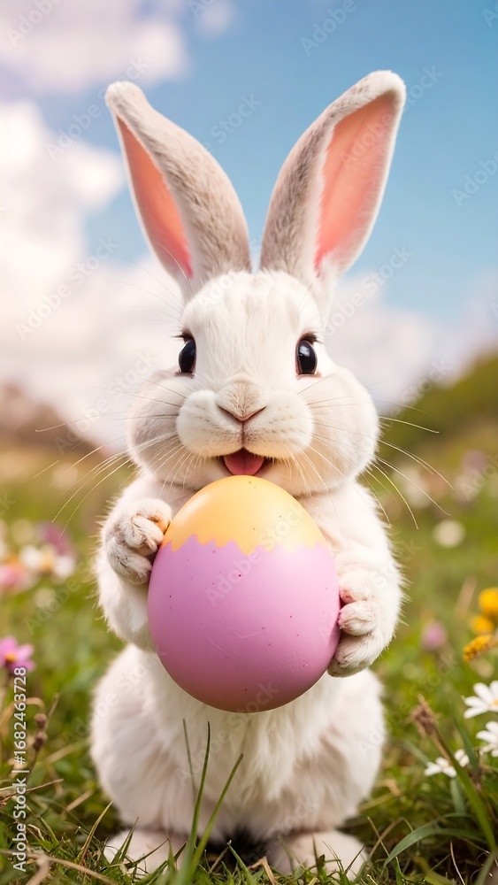 Obraz premium Happy bunny holding Easter egg