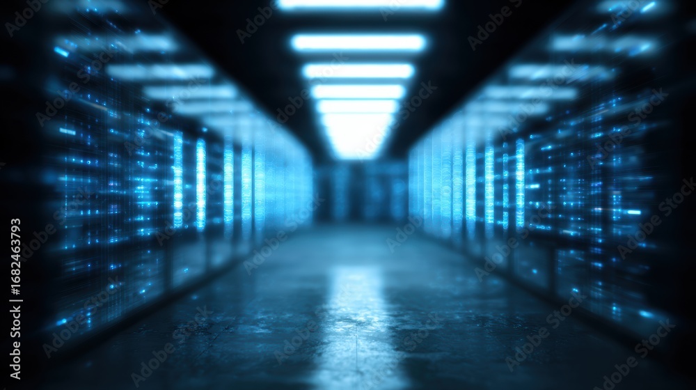 Fototapeta premium A futuristic data center hallway showcasing rows of glowing servers and advanced technology in a sleek environment.