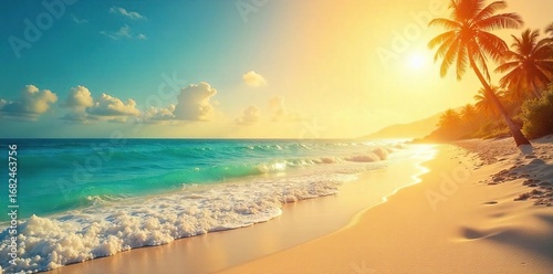 A vibrant sun-drenched beach scene evokes the carefree joy and warmth of summer, promising endless possibilities and a feeling of hopeful escape , adventure, happiness