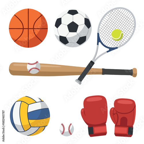 A detailed vector collection of various sports equipment and game balls for athletic design projects and recreational concepts
