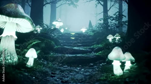 Mystical forest path with glowing mushrooms