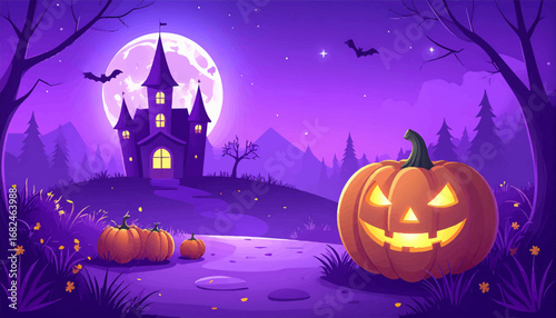 Spooky Halloween night with pumpkins. Halloween pumpkins and haunted castle. Spooky moonlit night with jack-o'-lanterns. Magical Halloween landscape. Spooky Halloween road with glowing pumpkins