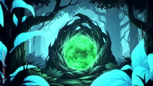 Mystical glowing portal in a vibrant forest