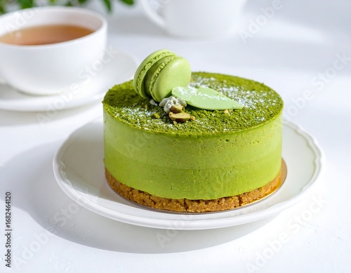 Matcha cheesecake dessert, pistachio, macaron