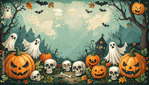 Spooky Halloween pumpkins and ghosts. Festive autumn with pumpkins and skulls. Ghosts and pumpkins for Halloween fun. Halloween pumpkins, ghosts, and bats. Pumpkin patch with spooky Halloween vibes