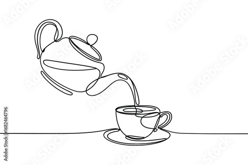 Continuous line drawing of tea being poured into a cup