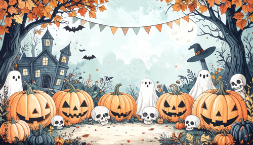 Scary Halloween path with pumpkins. Fall pumpkins and spooky ghost decorations. Spooky Halloween house with pumpkins. Halloween pumpkins surrounded by ghosts. Ghosts, pumpkins, and haunted house scene