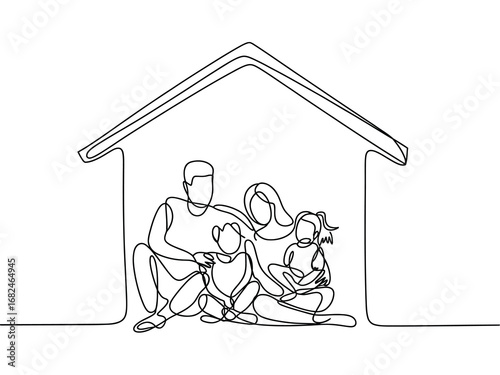 Continuous line drawing of a family sheltered inside a house outline