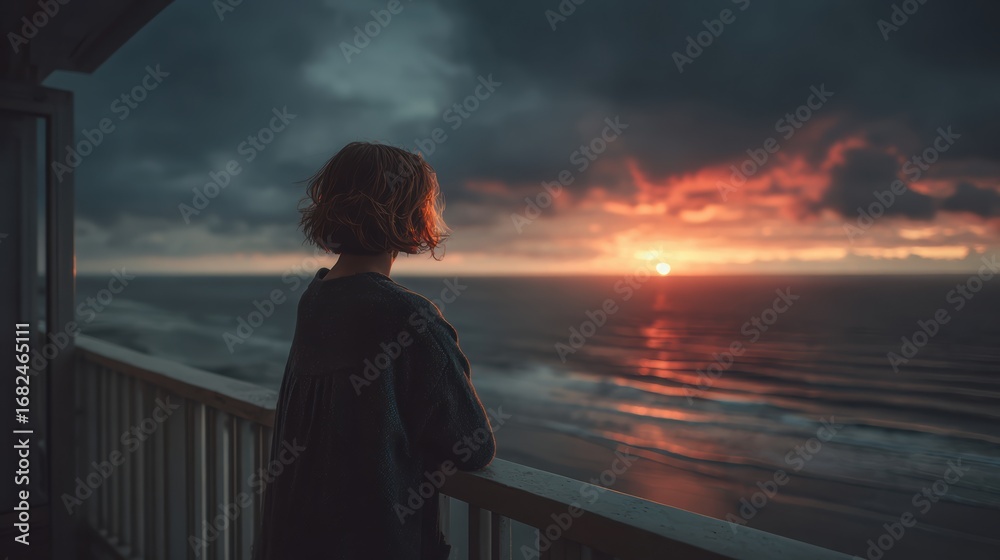 Fototapeta premium A person contemplating the sunset over the ocean, reflecting on life's beauty and tranquility from a balcony.