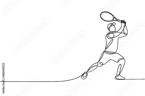 Continuous line drawing of a tennis player serving