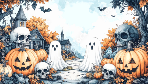 Pumpkin decorations for Halloween night. Fall Halloween ghostly scene with pumpkins. Halloween night with skulls and ghosts. Spooky Halloween scene with graveyard. Pumpkin patch with ghosts and skulls