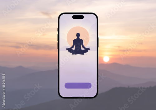 Meditation app interface displayed against a breathtaking mountain sunset view, capturing tranquility and serenity in nature