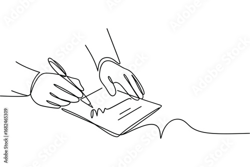 Hand signing document with pen in continuous line art style