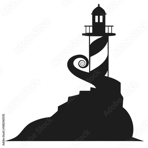 Lighthouse with spiral staircase on a rocky outcrop black vector on white background.