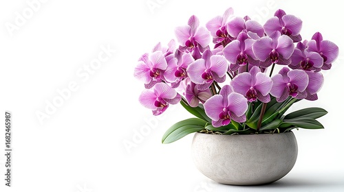 Vibrant Purple Phalaenopsis Orchid on White Background: Striped Petals, Green Leaves & Light Gray Textured Spherical Pot