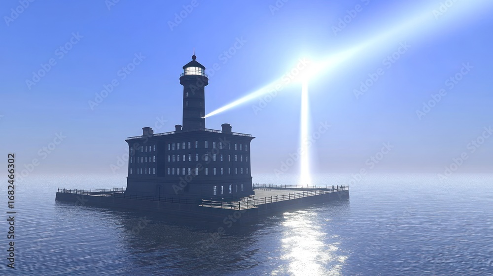 Fototapeta premium The radiant sentinel: A solitary lighthouse pierces the horizon with its luminous beacon
