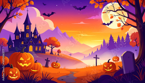 Spooky Halloween night landscape. Haunted house with pumpkins and bats. Halloween night with glowing pumpkins. Moonlit graveyard and haunted mansion. Halloween scenery with full moon