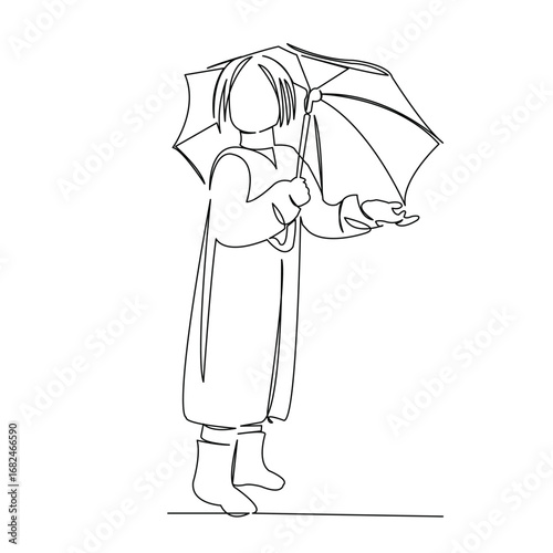 One continuous single drawing line art flat doodle mother, woman, child, umbrella, day, rain, autumn. Isolated image hand draw contour on a white background
