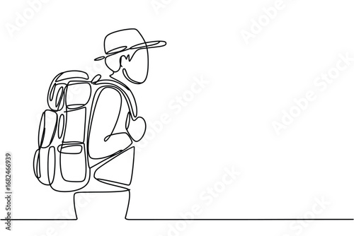 Minimalist line drawing of a hiker with a backpack