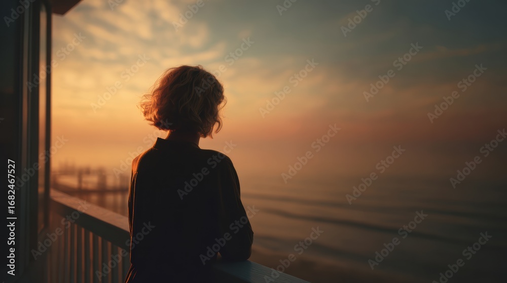 Fototapeta premium A woman gazes at a serene sunset over the ocean, reflecting tranquility and connection with nature.