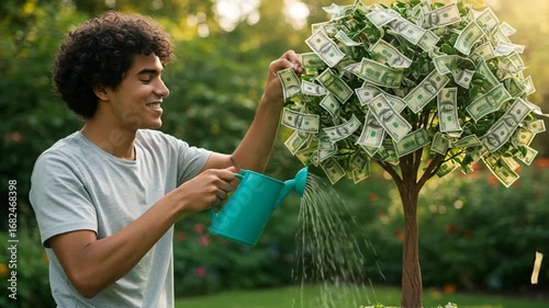 Man Watering Money Tree in Lush Garden Setting