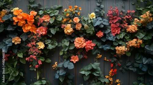 Dark Natural-Themed Background: Various Flowers & Leaves on Soft Wooden Fence, Lush Dense Arrangement