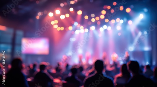 An exciting concert scene with colorful stage lights illuminating the audience in a lively atmosphere.