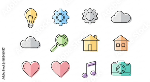 Vector icon set light bulb settings cloud search home heart music camera design graphic element collection