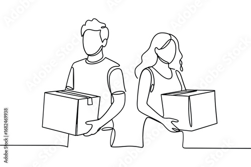 Couple holding cardboard boxes in minimalist line art style