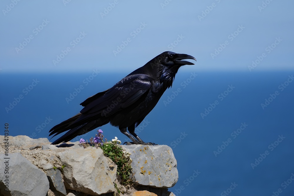 Fototapeta premium Raven and crow in nature with blue sky and rocks