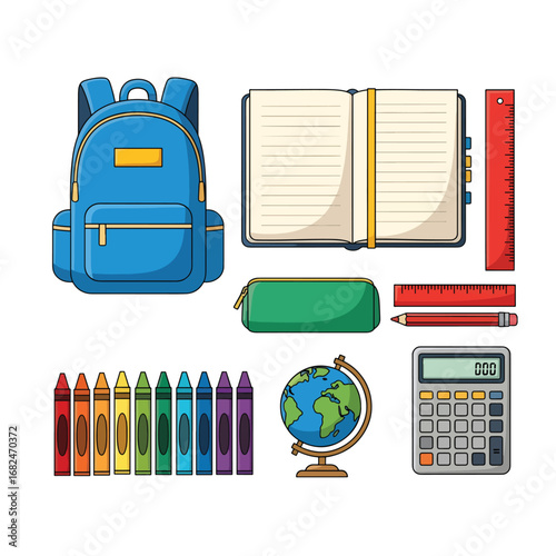 A vibrant assortment of essential educational tools and learning materials for students, perfect for back-to-school preparation and academic projects