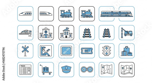Train travel and transportation icons set vector illustration for railway journey and station design needs