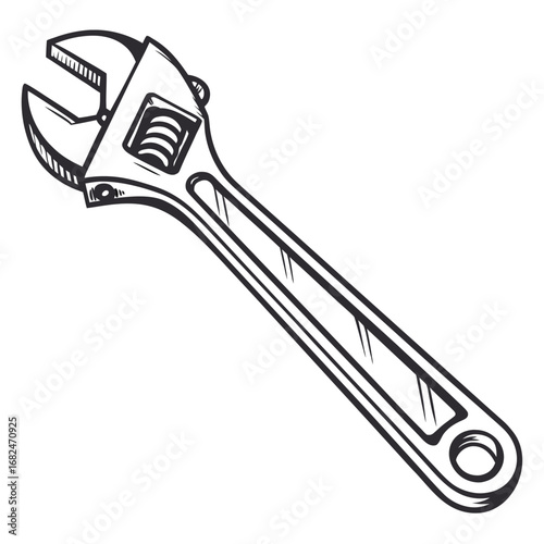 Adjustable wrench tool black and white drawing hardware mechanical