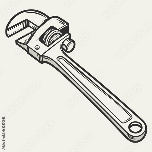 Adjustable wrench tool with black and white linework plumbing mechanical