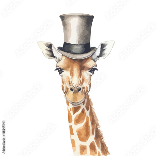 Elegant Giraffe Portrait with a Sophisticated Grey Top Hat Expressive Eyes