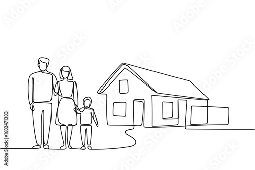 Simple line drawing of a family standing in front of their home