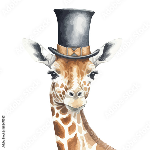 Elegant Giraffe Wearing a Top Hat Watercolor Portrait Gentle Expression