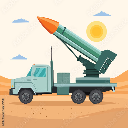 Mobile Air Defense System with Green Missile in Desert - AI Generated